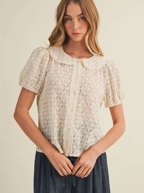 Lace Button-Front Puff Sleeve Top - Cream